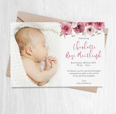 Burgundy Florals DIY Printable Birth Announcement Card